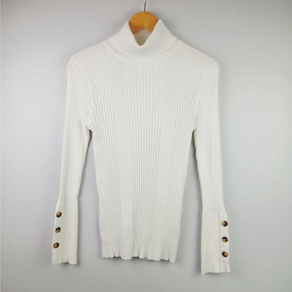 Anthropologie SZ M Cream Ribbed Turtleneck With Button Sleeve Details - Picture 3 of 6